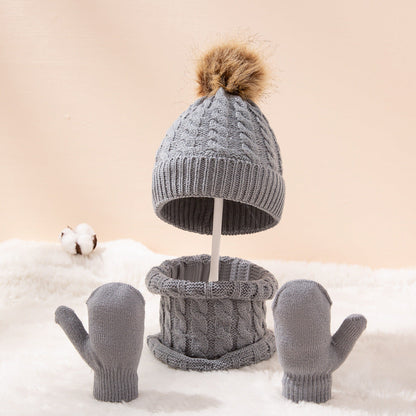 A new wool monochrome twist warm children's hat scarf gloves two or three-piece set