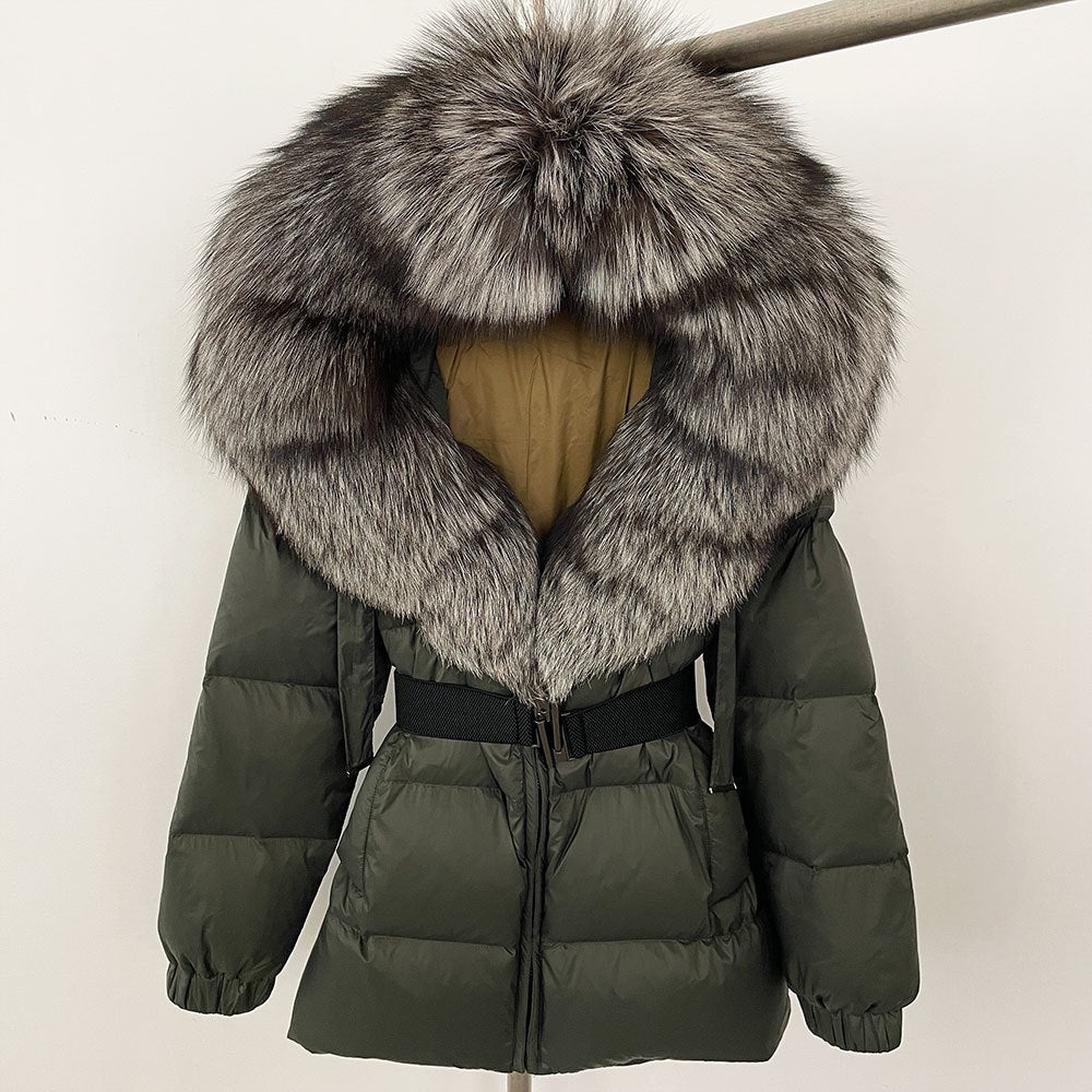 A fur collar hooded white duck down jacket