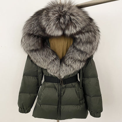 A fur collar hooded white duck down jacket