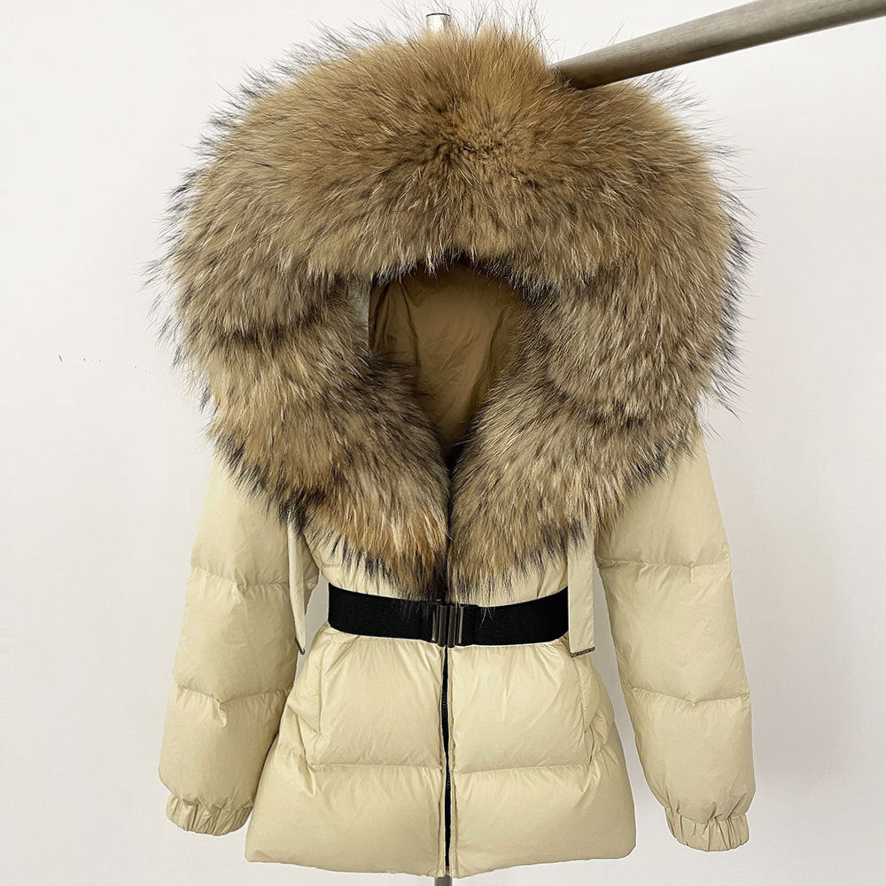 A fur collar hooded white duck down jacket