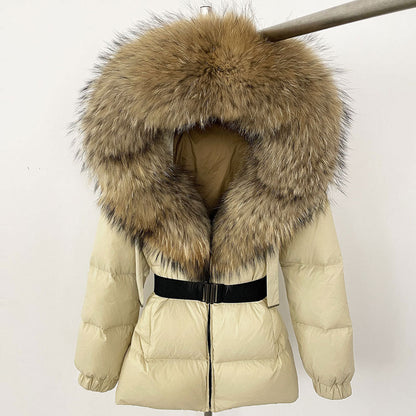 A fur collar hooded white duck down jacket