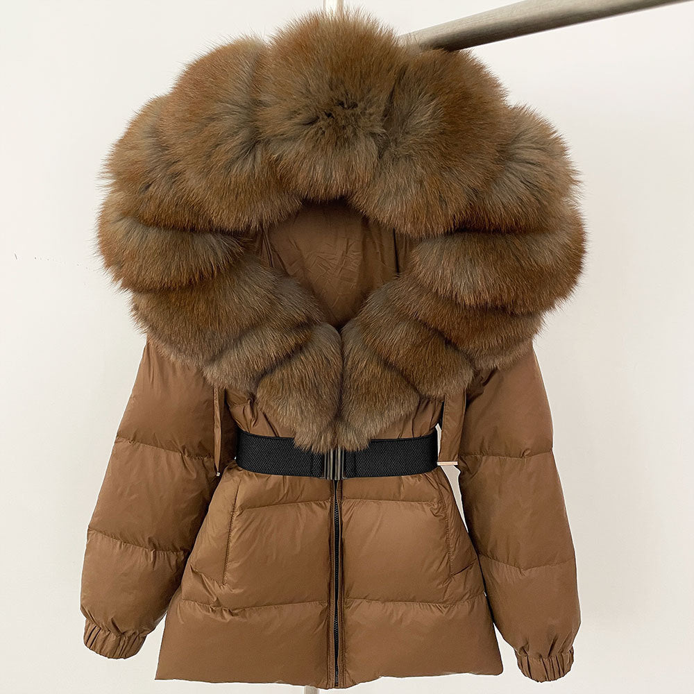 A fur collar hooded white duck down jacket