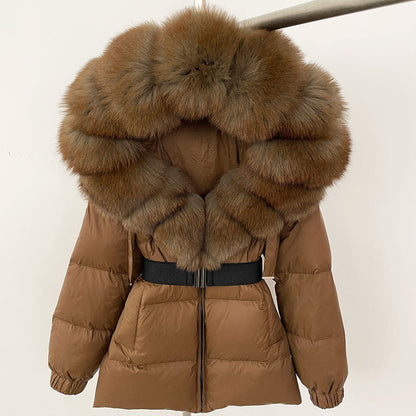 A fur collar hooded white duck down jacket