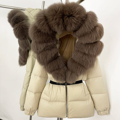 A fur collar hooded white duck down jacket