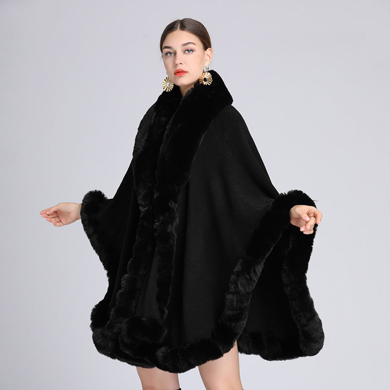 A European and American autumn and winter new imitation Rex rabbit fur collar cape large size knitted cardigan loose coat women