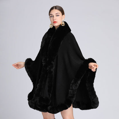 A European and American autumn and winter new imitation Rex rabbit fur collar cape large size knitted cardigan loose coat women