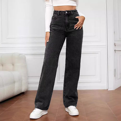 A high-waisted slim-fit straight denim trousers are popular