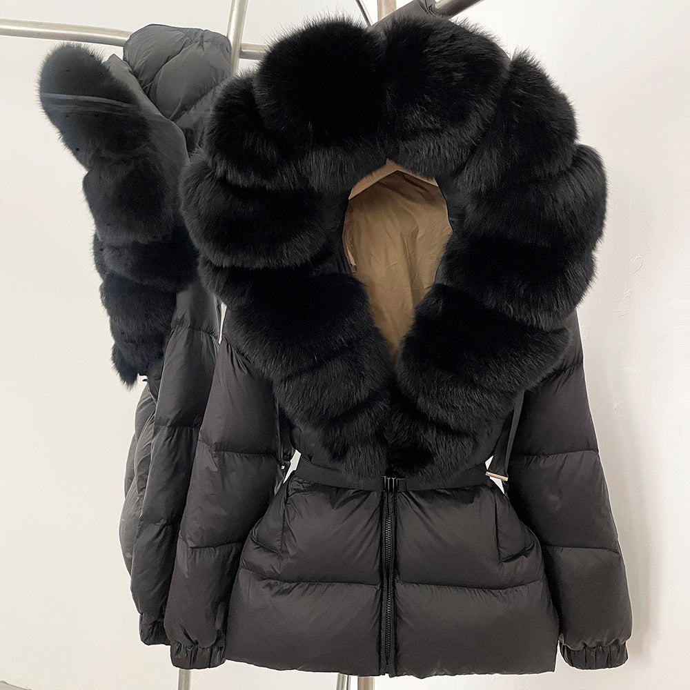 A fur collar hooded white duck down jacket