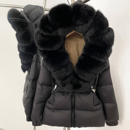 A fur collar hooded white duck down jacket