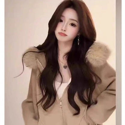 A fur collar hooded sweater jacket women's autumn and winter new high-end fashion lazy knitted cardigan top