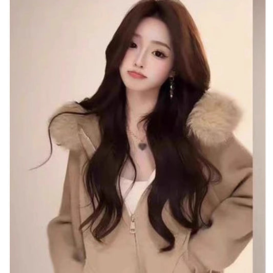 A fur collar hooded sweater jacket women's autumn and winter new high-end fashion lazy knitted cardigan top