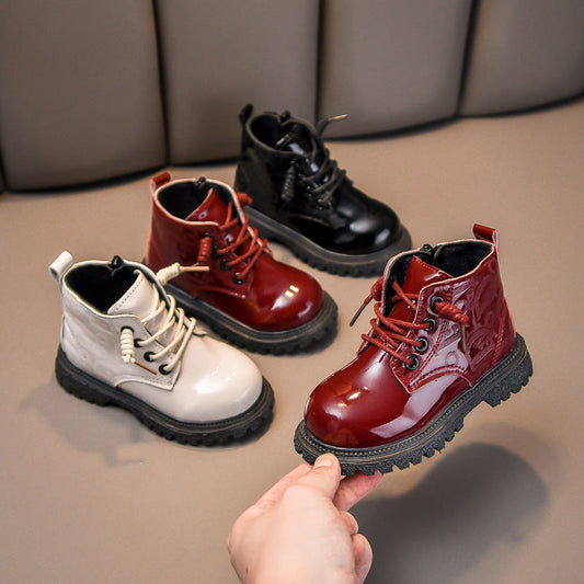 A Children's Martin Boots Patent Leather Short Boots Girls' Boots Boys' Children's Leather Boots Foreign Trade Soft Sole Single Boots Thickened Warm