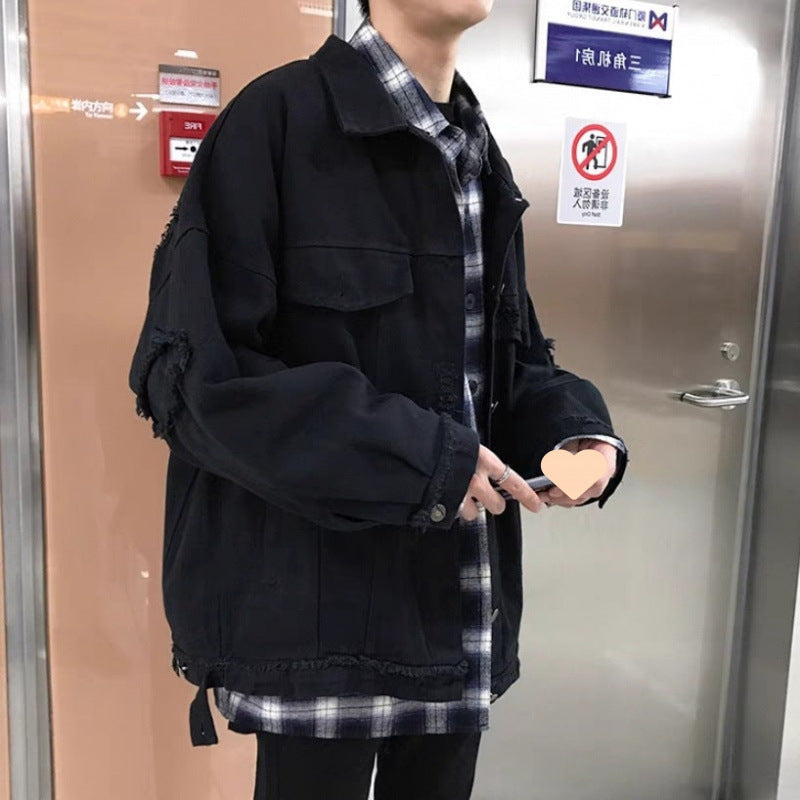 B2-m6 Denim jacket men's ripped port wind fried street jacket loose Korean version - Mixbatch