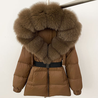 A fur collar hooded white duck down jacket