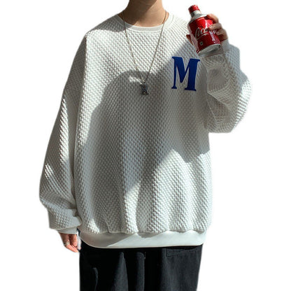 B2-m11 Autumn crew neck waffle sweater men's and women's loose casual letter embroidery Hong Kong style long sleeves without hat with clothes inside - Mixbatch