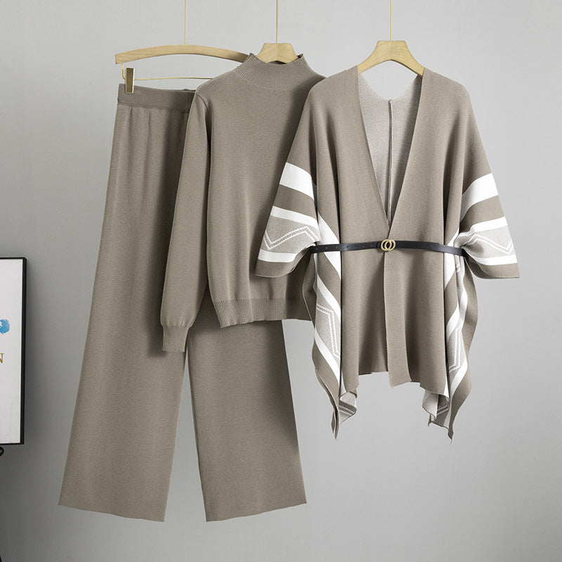 A knitted shawl sweater pants three-piece set