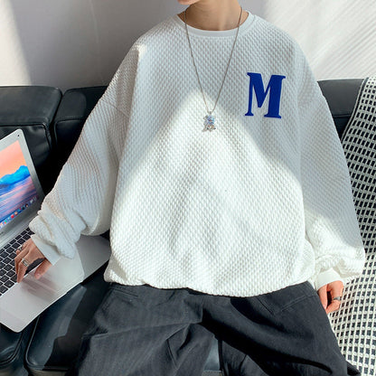 B2-m11 Autumn crew neck waffle sweater men's and women's loose casual letter embroidery Hong Kong style long sleeves without hat with clothes inside - Mixbatch