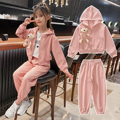 A children's clothing girls' suit autumn clothing medium and small children's long-sleeved hooded bear jacket casual pants children's sportswear two-piece set