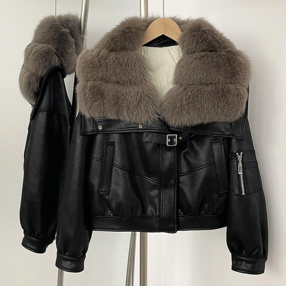A winter new short real fox fur collar suede fur jacket female Korean version fur integrated down liner