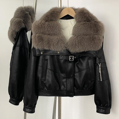 A winter new short real fox fur collar suede fur jacket female Korean version fur integrated down liner
