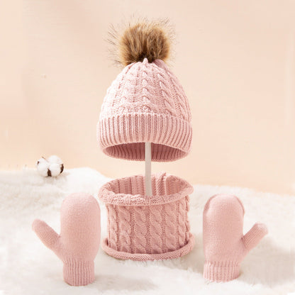 A new wool monochrome twist warm children's hat scarf gloves two or three-piece set