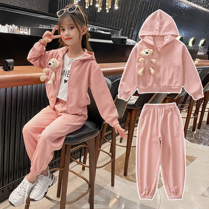 A children's clothing girls' suit autumn clothing medium and small children's long-sleeved hooded bear jacket casual pants children's sportswear two-piece set