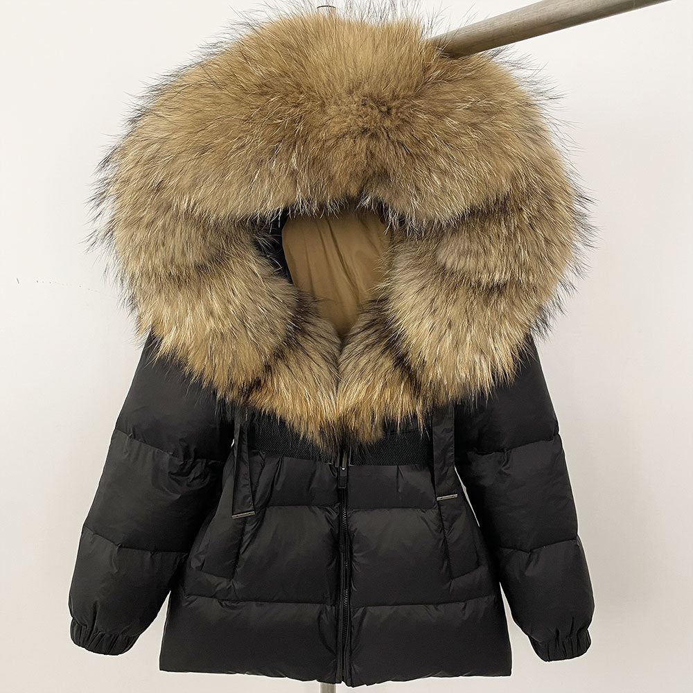 A fur collar hooded white duck down jacket