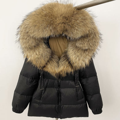 A fur collar hooded white duck down jacket