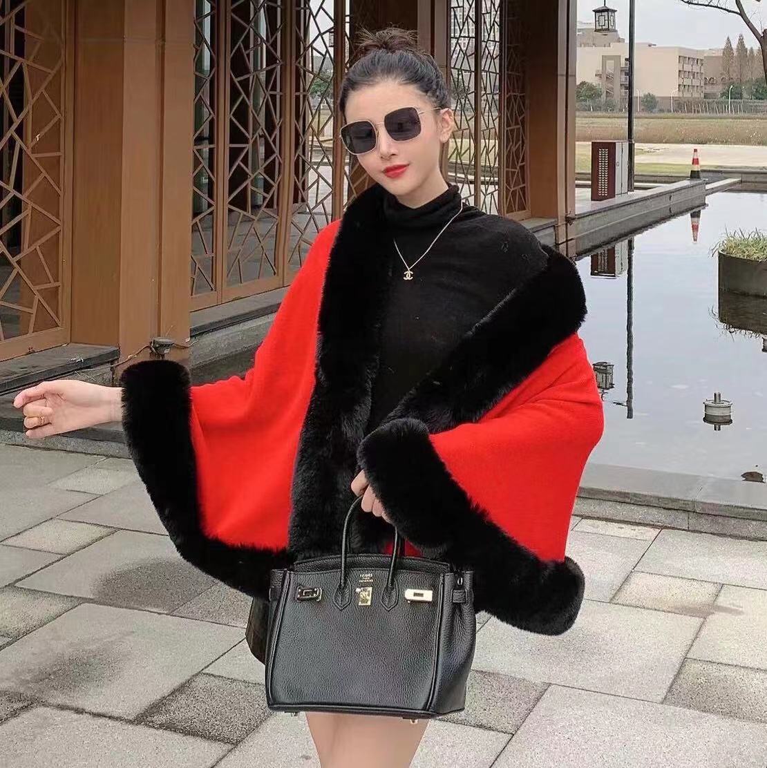 A autumn and winter new imitation Rex rabbit fur collar shawl cape large size women's knitted cardigan loose shawl jacket