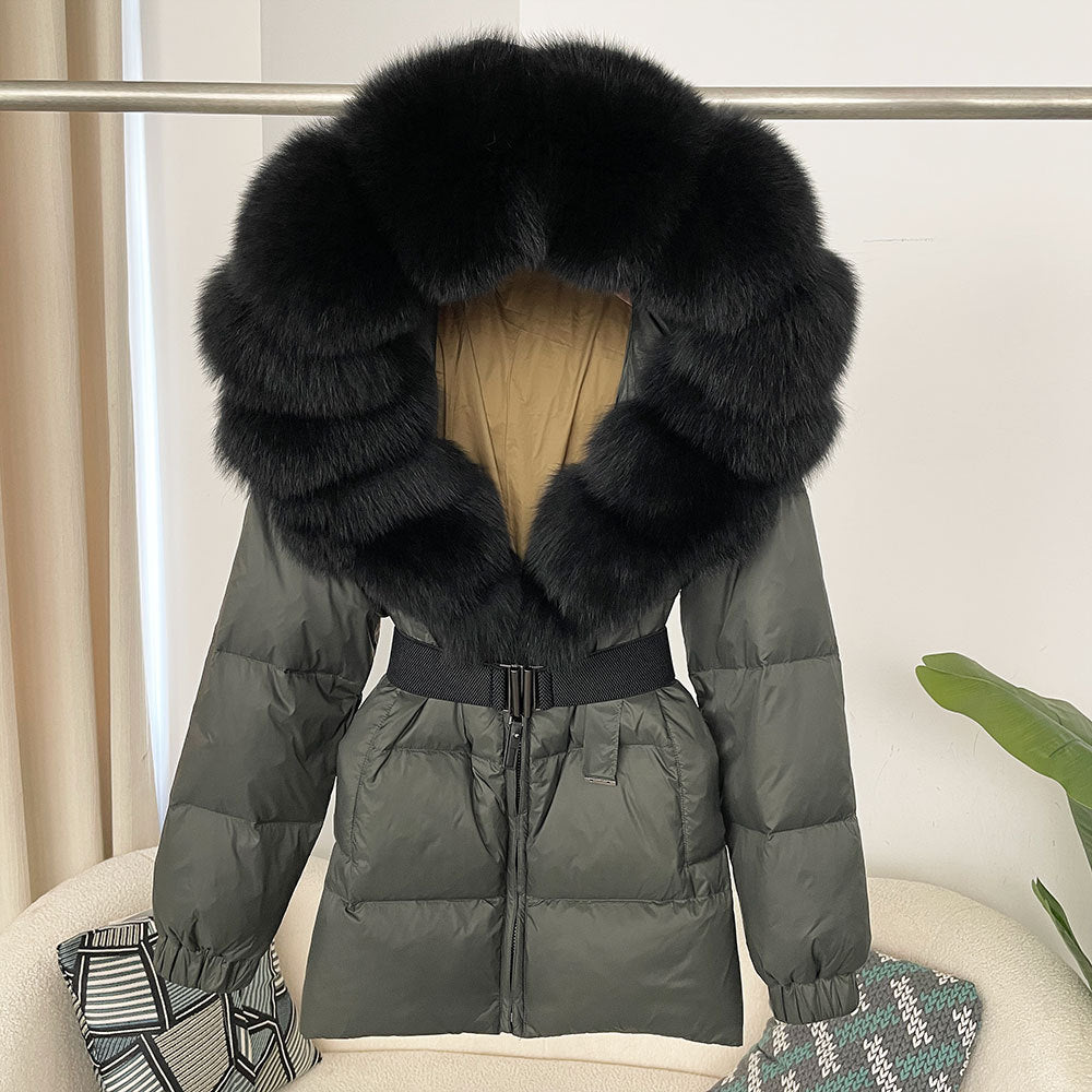 A fur collar hooded white duck down jacket