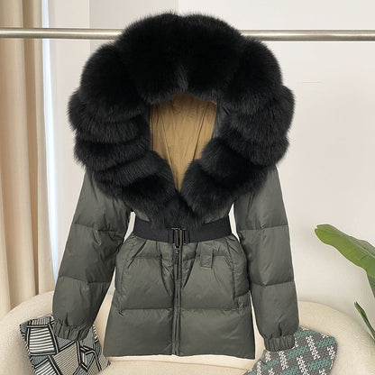 A fur collar hooded white duck down jacket