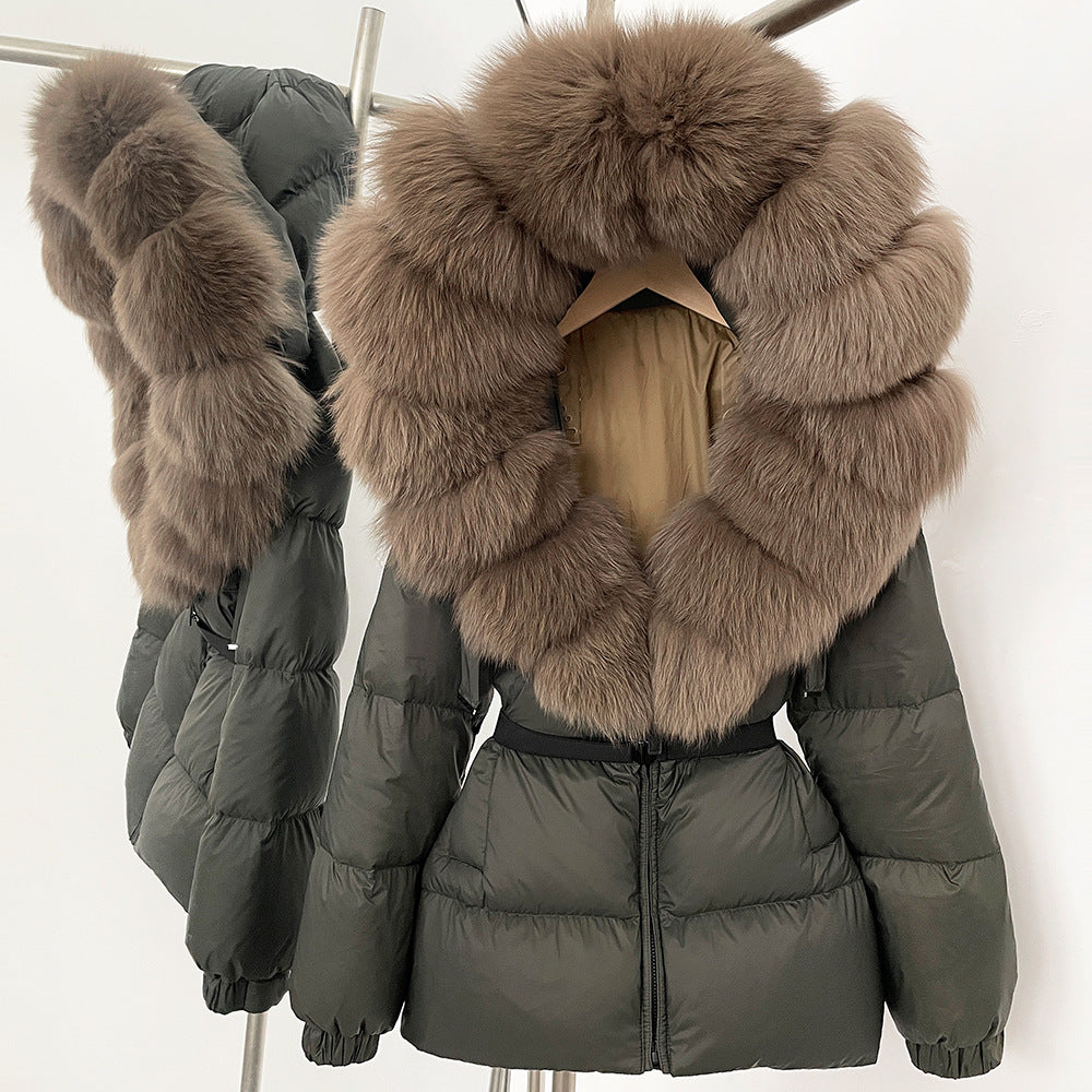 A fur collar hooded white duck down jacket