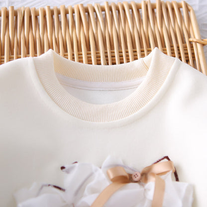 A Spring and Autumn New Girls Comfortable and Sweet Suit Children's Big Bow Long Sleeve Small Flower Crew Neck Cover