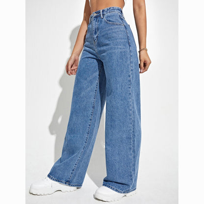 A high-waisted slim-fit straight denim trousers are popular