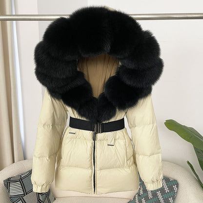 A fur collar hooded white duck down jacket