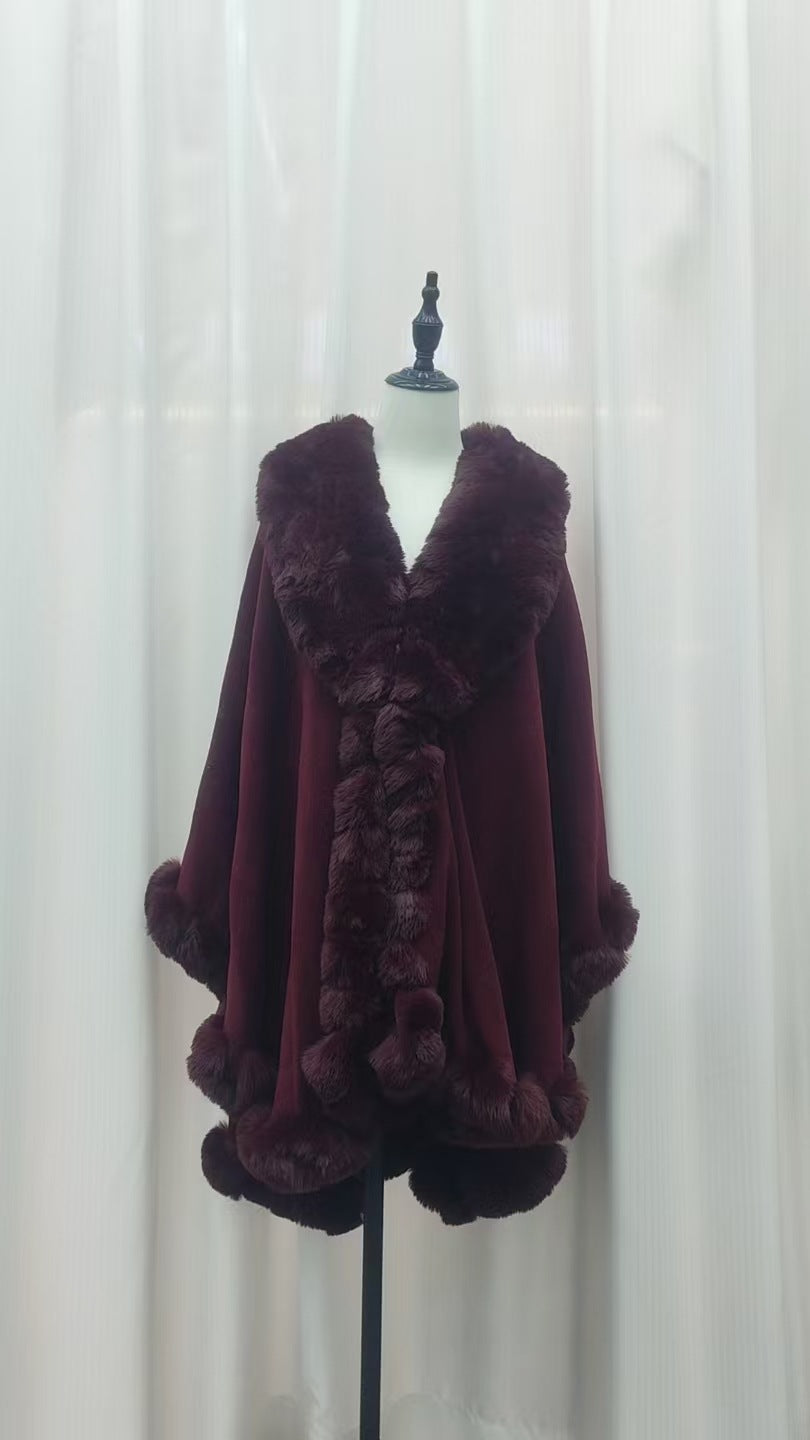 A Rabbit fur large lapel handmade wool cross-border European and American knitted imitation cashmere cardigan large size shawl cape