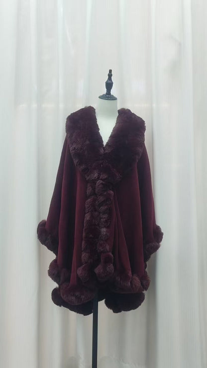 A Rabbit fur large lapel handmade wool cross-border European and American knitted imitation cashmere cardigan large size shawl cape
