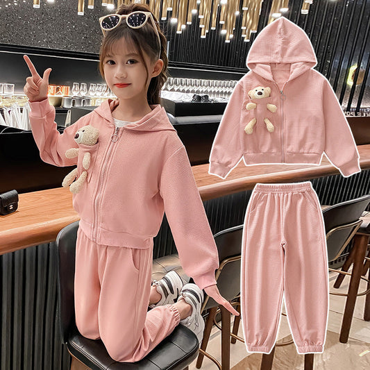 A children's clothing girls' suit autumn clothing medium and small children's long-sleeved hooded bear jacket casual pants children's sportswear two-piece set