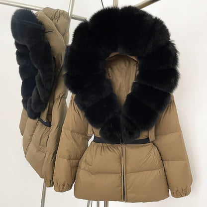 A fur collar hooded white duck down jacket