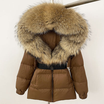 A fur collar hooded white duck down jacket