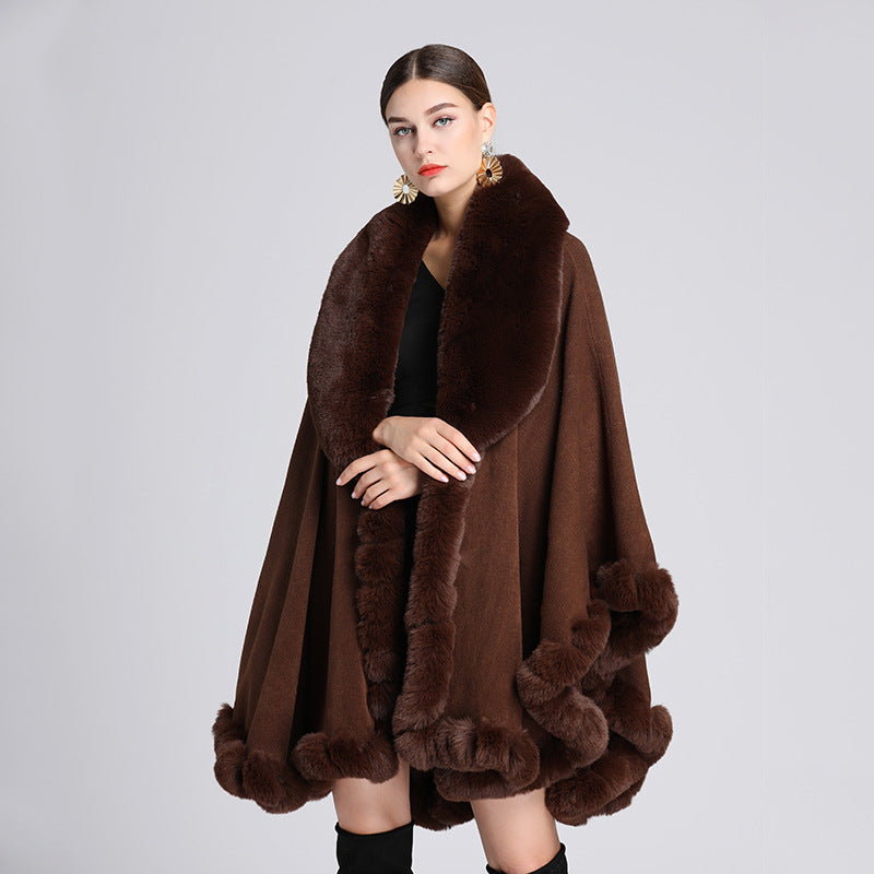 A European and American autumn and winter new imitation Rex rabbit fur collar cape large size knitted cardigan loose coat women