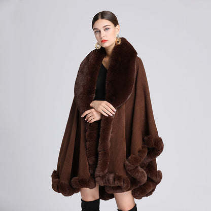 A European and American autumn and winter new imitation Rex rabbit fur collar cape large size knitted cardigan loose coat women