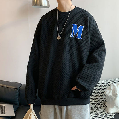 B2-m11 Autumn crew neck waffle sweater men's and women's loose casual letter embroidery Hong Kong style long sleeves without hat with clothes inside - Mixbatch