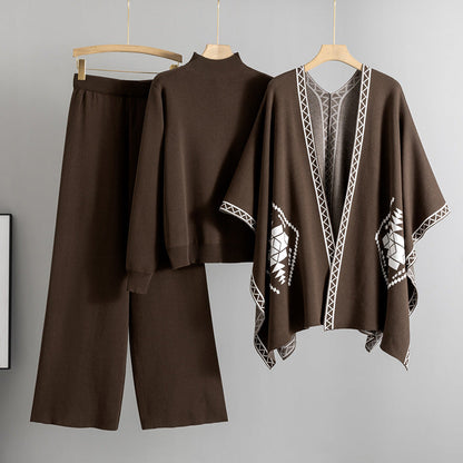 A knitted sweater shawl cape jacket three-piece set