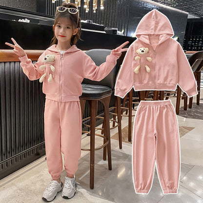 A children's clothing girls' suit autumn clothing medium and small children's long-sleeved hooded bear jacket casual pants children's sportswear two-piece set