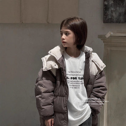 A winter new Korean version of children's cold clothing thickened shoulder color matching hooded warm jacket thickened warm