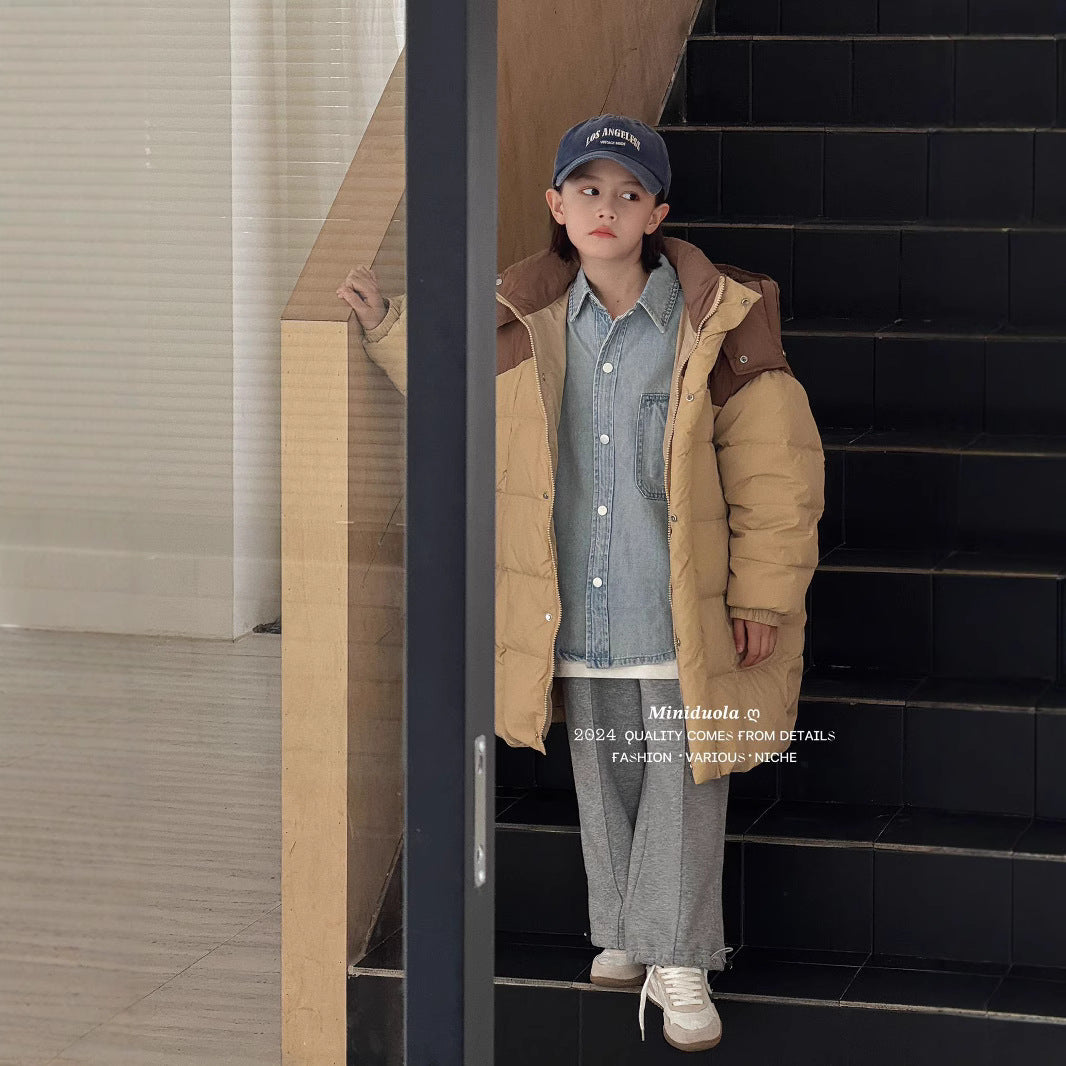A winter new Korean version of children's cold clothing thickened shoulder color matching hooded warm jacket thickened warm