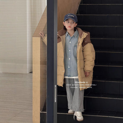 A winter new Korean version of children's cold clothing thickened shoulder color matching hooded warm jacket thickened warm