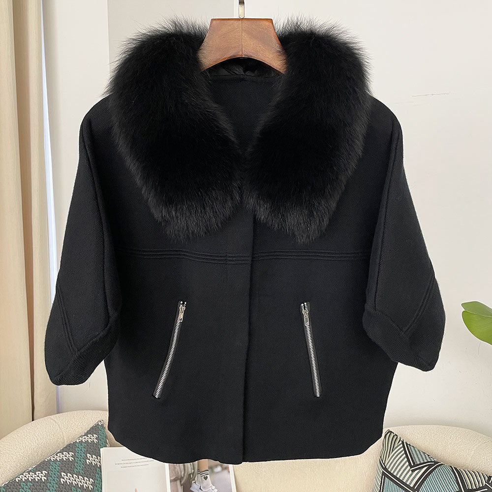 A autumn and winter new women's short knitted sweater real fox fur collar fashion bat sleeve cardigan jacket Korean version loose
