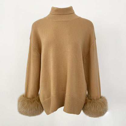 A popular thickened knitted sweater autumn and winter new loose high-necked real fox cuff sweater women